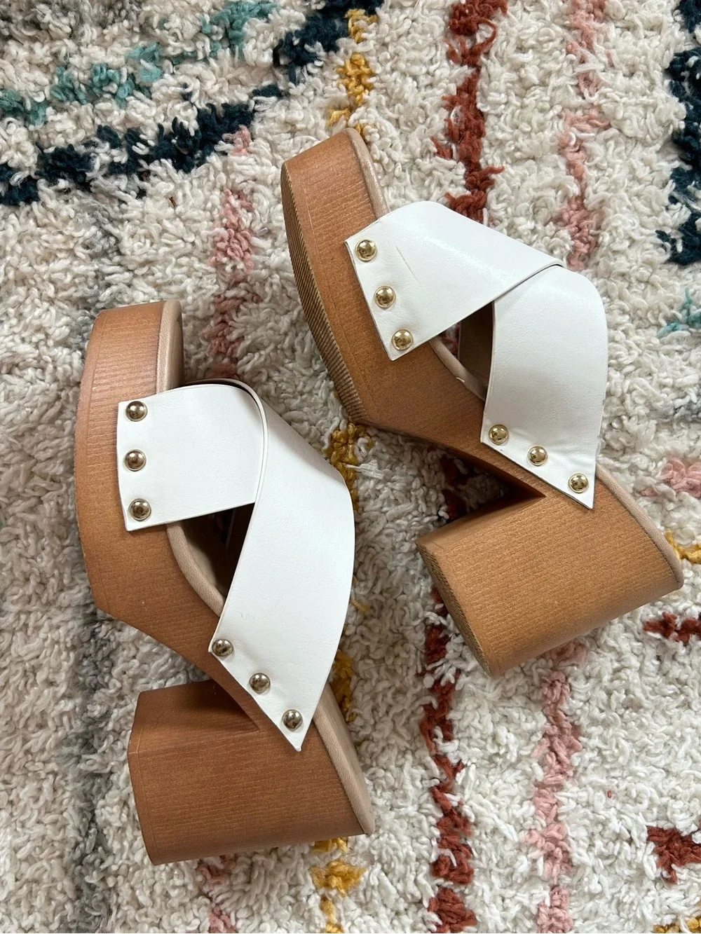 Qupid White Crisscross Platform Sandals with Wood-Effect Heel
